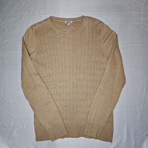 Kim Rogers Tan Cable Knit Cotton Sweater Womens Medium Gold Button Shoulder Crew